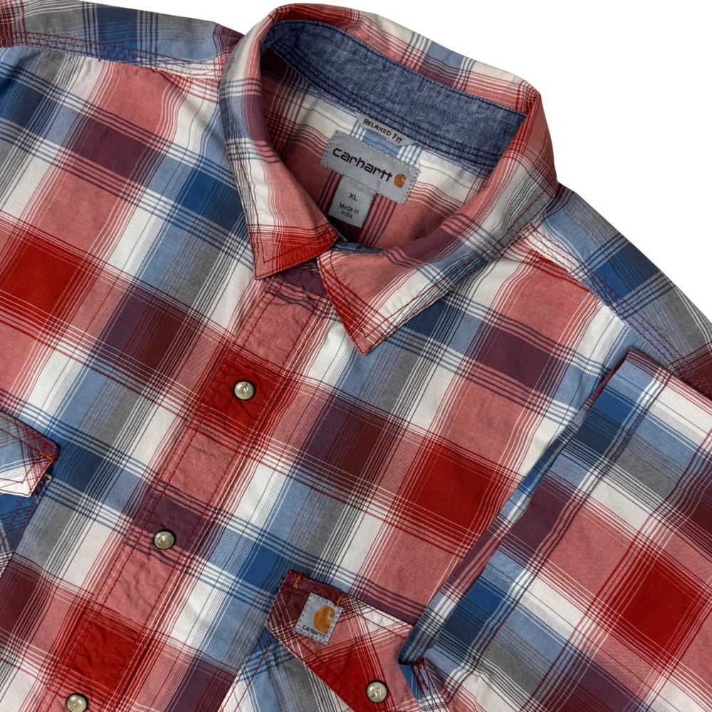 Carhartt Relaxed Fit Plaid Button Up Shirt Mens XL Red Blue Short Sleeve Stretch